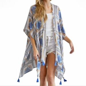 Davi & Dani Short Sleeve Loose Kimono Size Large Blue Orange Boho Festival